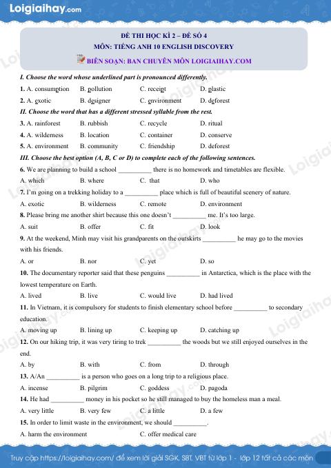 Đề thi học kì 2 Tiếng Anh 10 English Discovery - Đề số 4